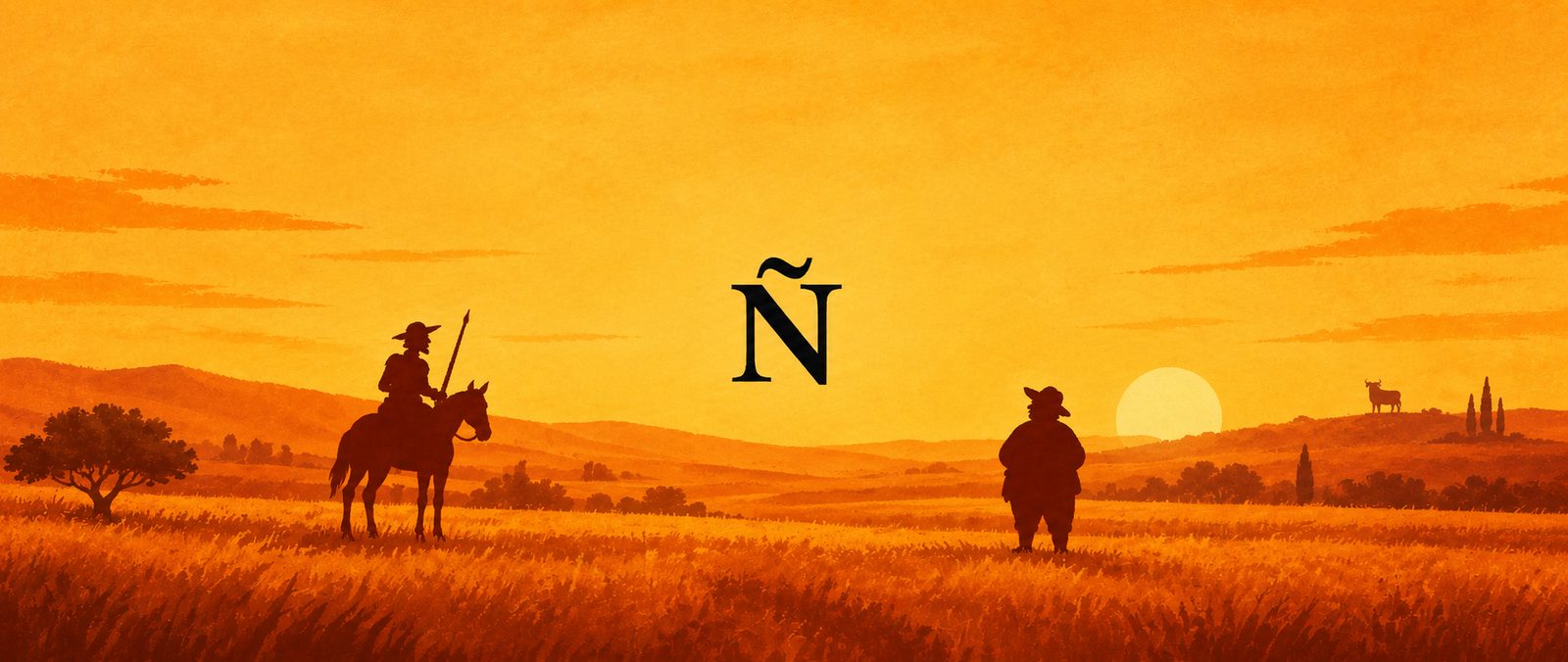 Don Quijote a caballo y Sancho Panza en un campo de trigo al atardecer, con una gran Ñ en el cielo